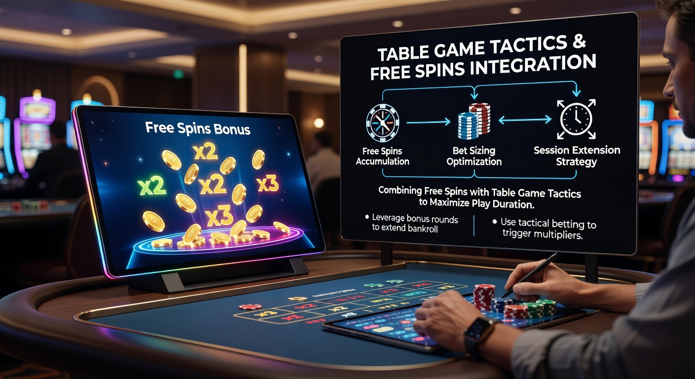 Nahaufnahme eines Spielers am Tablet, der Free Spins dreht und parallel eine Blackjack-Strategie-Tabelle konsultiert, mit Live-Dealer im Hintergrund