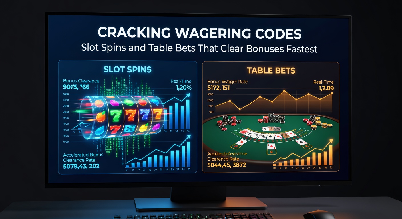 Tisch mit Blackjack-Karten und Chips, umgeben von Slot-Symbolen, symbolisierend die Kombination für effizientes Bonus-Clearing