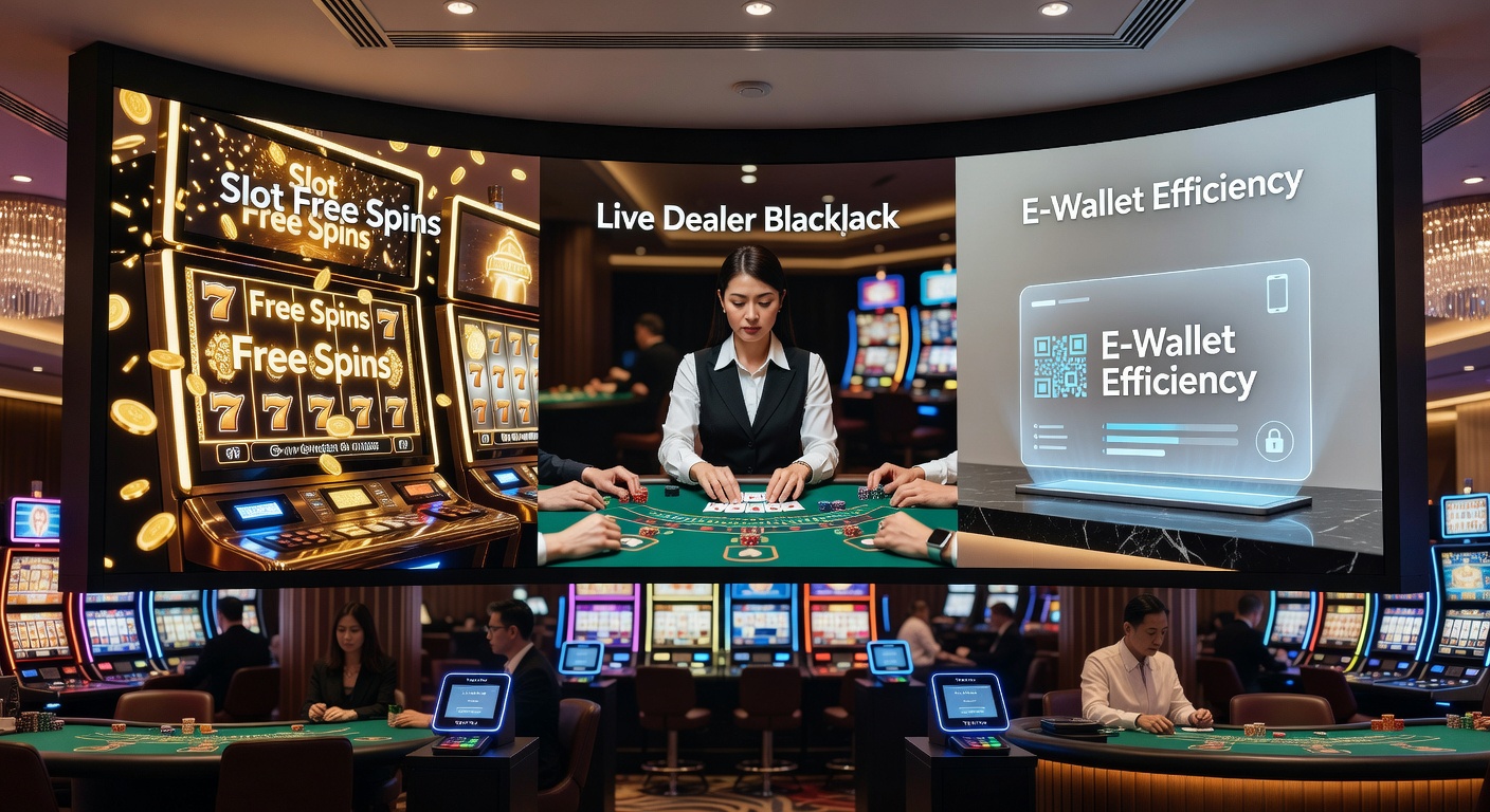 Dynamische Darstellung eines modernen Online-Casinos mit rotierenden Slot-Walzen, einem Live-Blackjack-Tisch und E-Wallet-Symbolen, die Effizienz und Geschwindigkeit symbolisieren