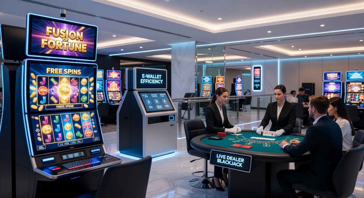 Nahe Aufnahme eines Smartphones mit laufendem Live-Blackjack-Stream, Slot-Free-Spins-Bonus und E-Wallet-App im Vordergrund, die die Integration in modernen Casinos illustriert
