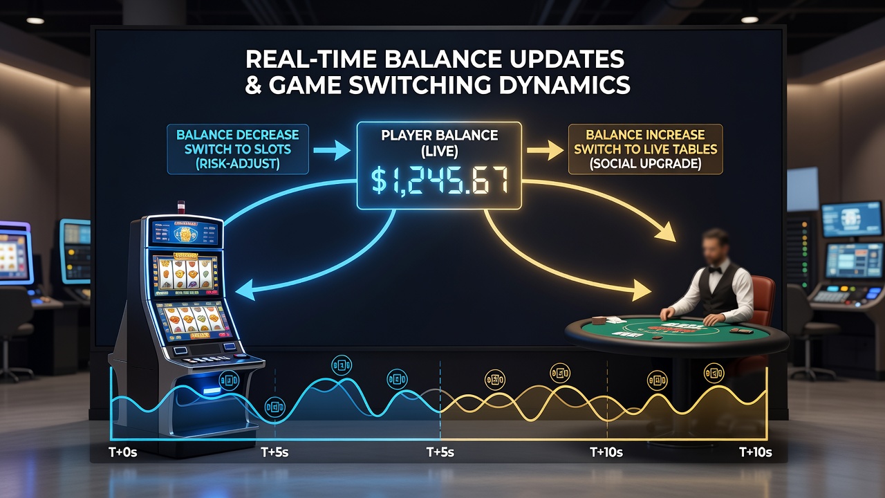 Detailansicht einer mobilen App mit Live-Tisch und Slot-Optionen sowie Balance-Update
