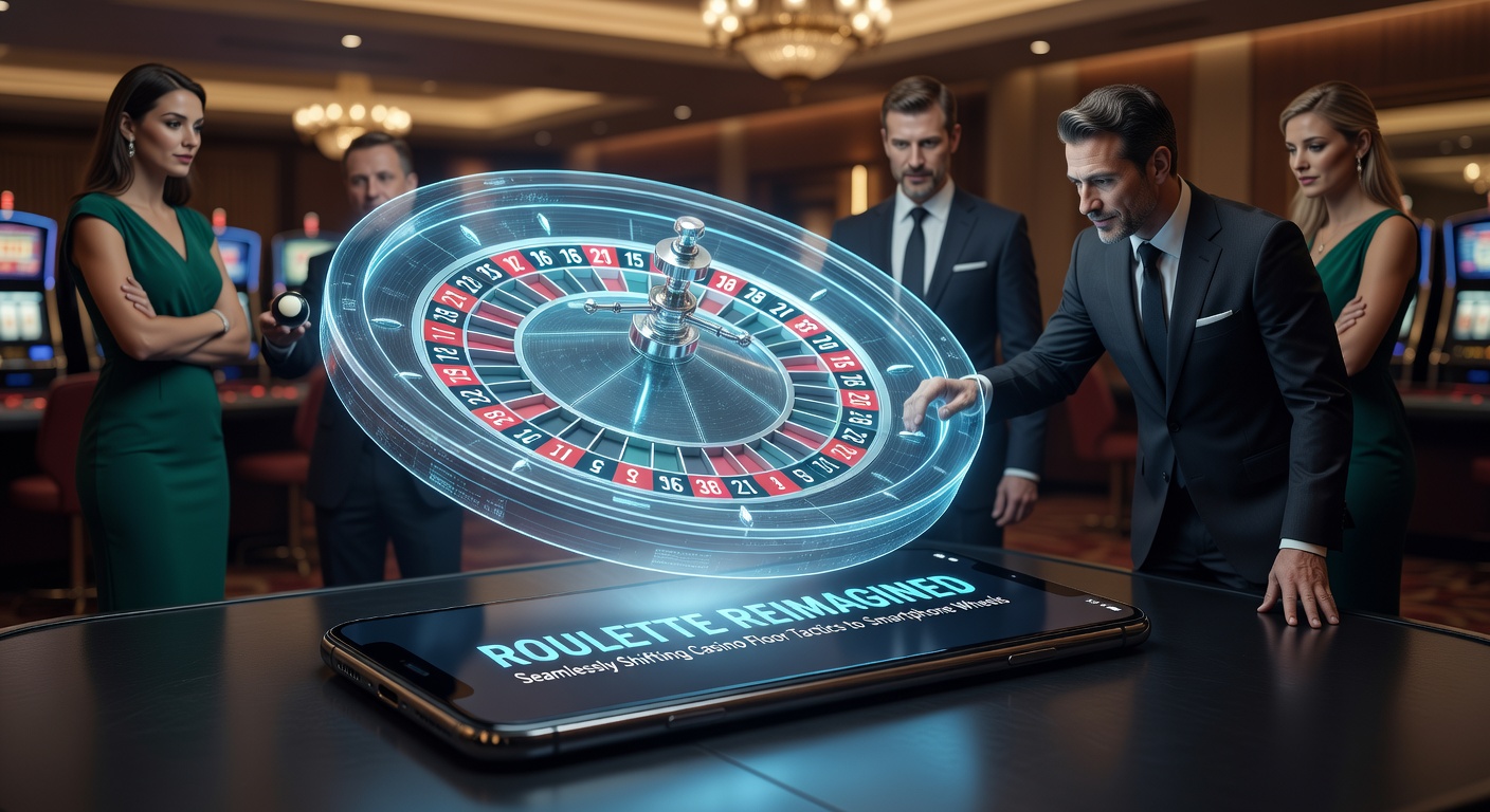 Ein Smartphone zeigt ein mobiles Roulette-Spiel mit rotierendem Rad und Einsätzen auf dem Touchscreen, umgeben von casino-ähnlicher Atmosphäre